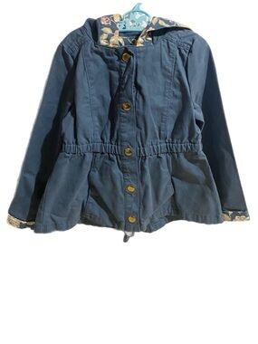 Max Studio Girls Hooded Jacket Sz 3T Toddler Blue Cotton Button-up Floral Trim